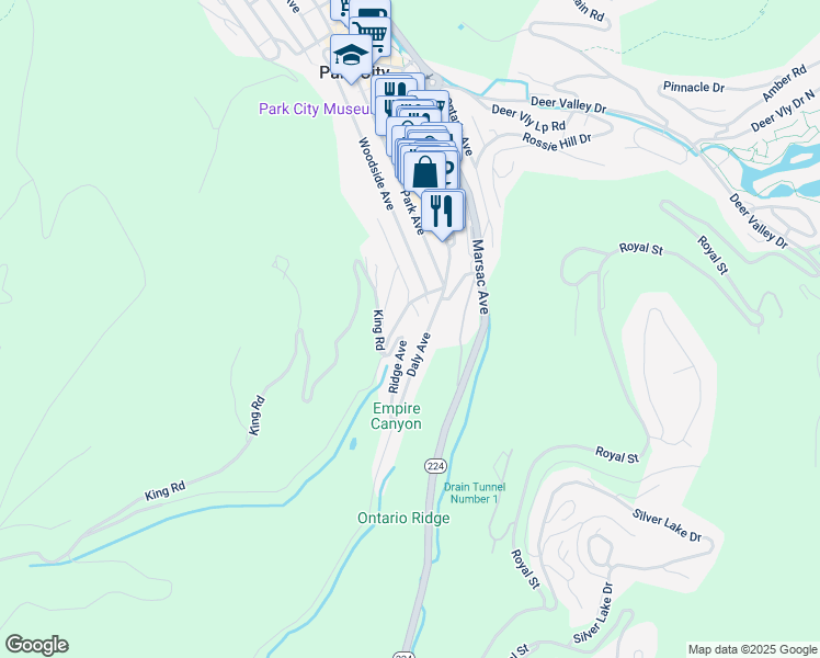 map of restaurants, bars, coffee shops, grocery stores, and more near 158 Ridge Avenue in Park City