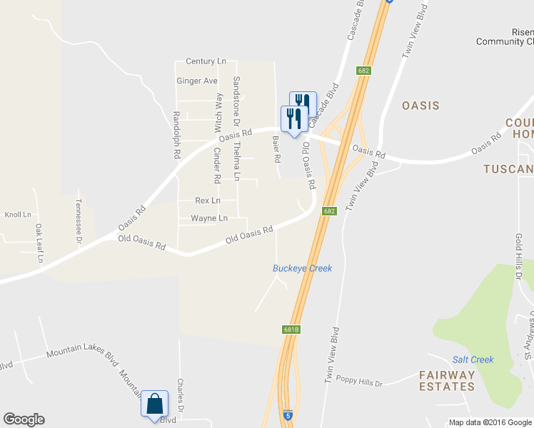 map of restaurants, bars, coffee shops, grocery stores, and more near 18642 Old Oasis Road in Redding