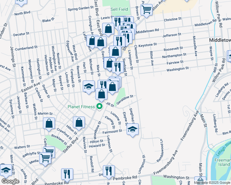 map of restaurants, bars, coffee shops, grocery stores, and more near 1525 Geraldine Street in Bethlehem