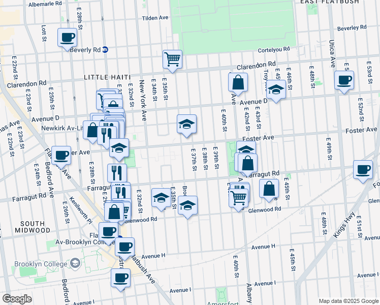 map of restaurants, bars, coffee shops, grocery stores, and more near 1420 Brooklyn Avenue in Brooklyn