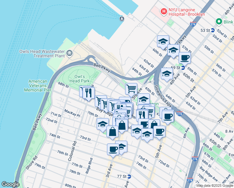 map of restaurants, bars, coffee shops, grocery stores, and more near 218 67th Street in Brooklyn