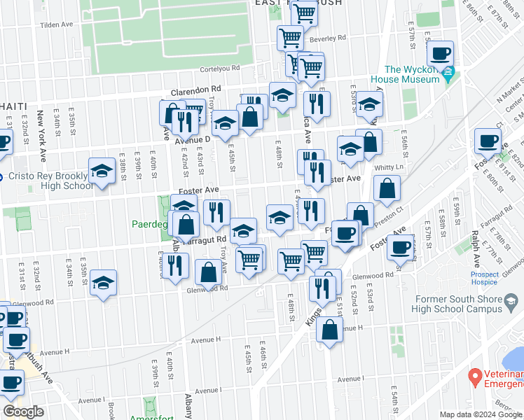 map of restaurants, bars, coffee shops, grocery stores, and more near 1400 Schenectady Avenue in Brooklyn