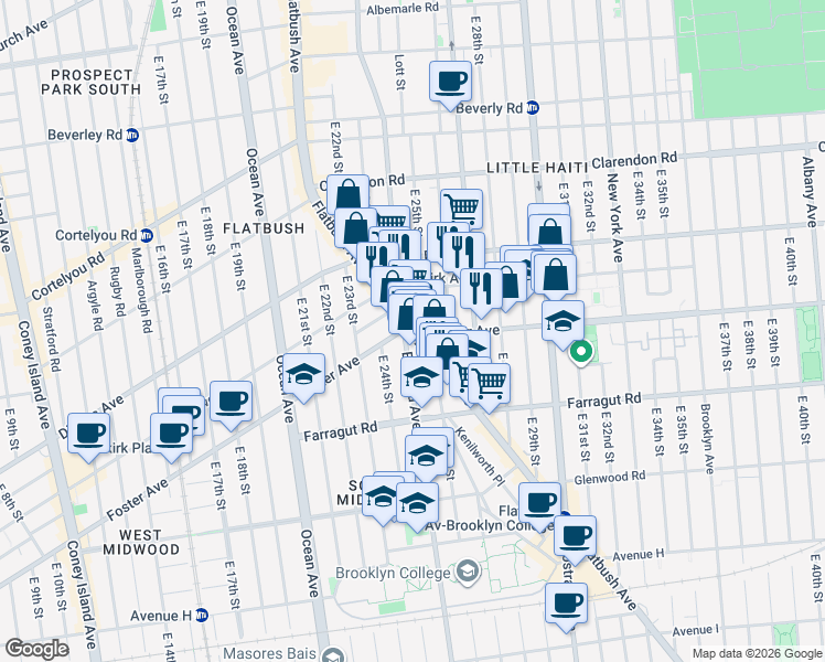 map of restaurants, bars, coffee shops, grocery stores, and more near Flatbush Ave & Foster Ave in Brooklyn