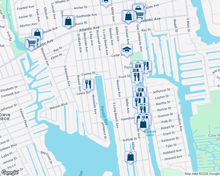 map of restaurants, bars, coffee shops, grocery stores, and more near 576 South Long Beach Avenue in Freeport