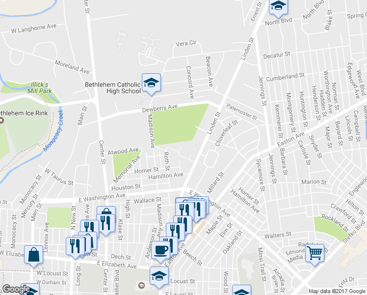 map of restaurants, bars, coffee shops, grocery stores, and more near 334 Carver Drive in Bethlehem