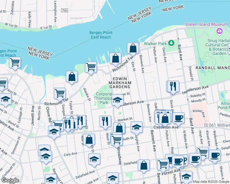 map of restaurants, bars, coffee shops, grocery stores, and more near 127 Broadway in Staten Island