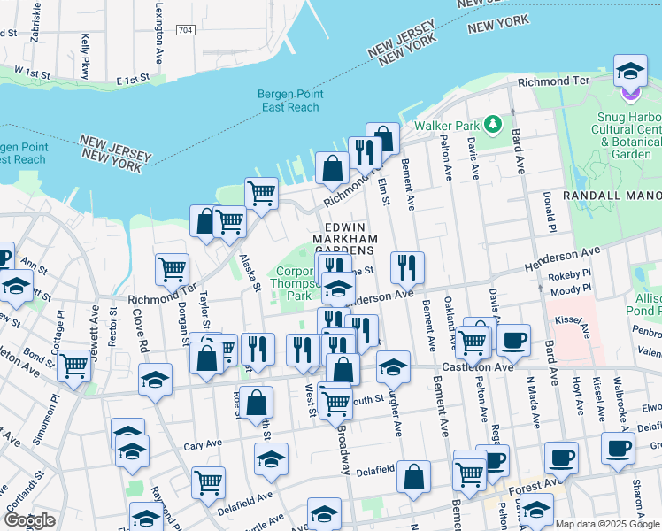 map of restaurants, bars, coffee shops, grocery stores, and more near 127 Broadway in Staten Island