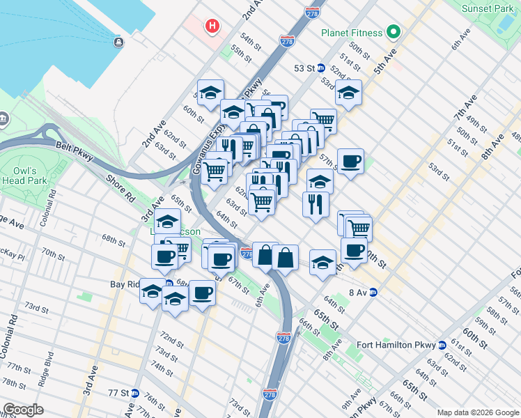 map of restaurants, bars, coffee shops, grocery stores, and more near 480 62nd Street in Brooklyn