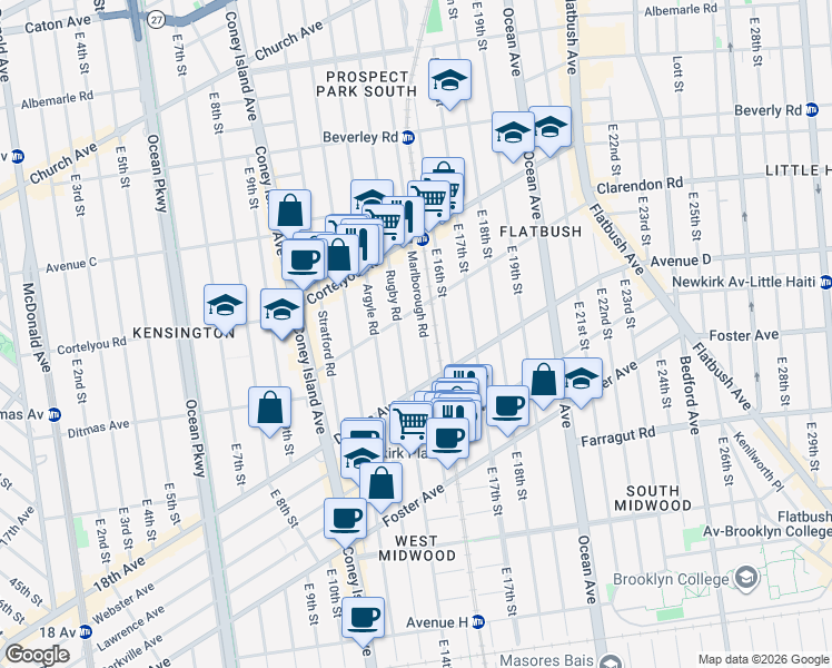 map of restaurants, bars, coffee shops, grocery stores, and more near 477 Marlborough Road in Brooklyn