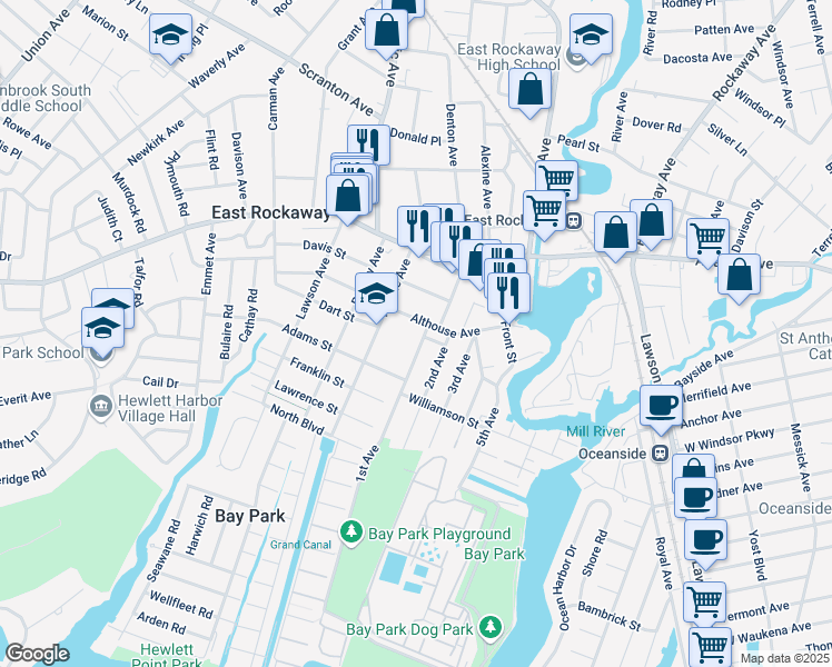 map of restaurants, bars, coffee shops, grocery stores, and more near 10 2nd Avenue in East Rockaway