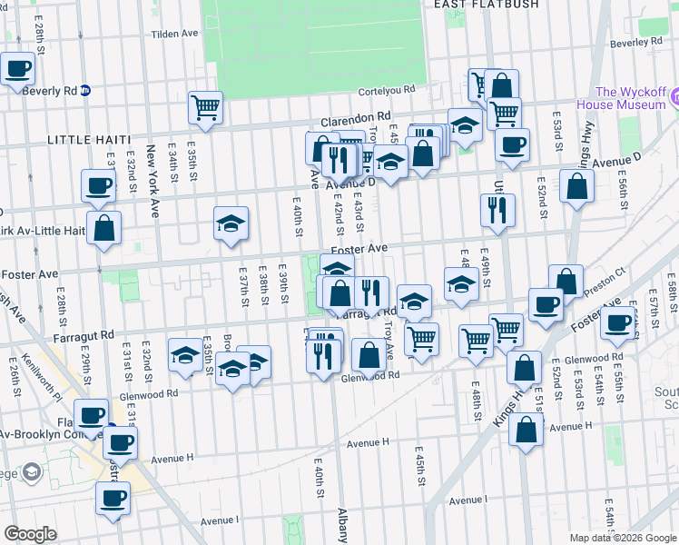 map of restaurants, bars, coffee shops, grocery stores, and more near 703 East 42nd Street in Brooklyn