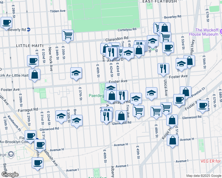 map of restaurants, bars, coffee shops, grocery stores, and more near 703 East 42nd Street in Brooklyn