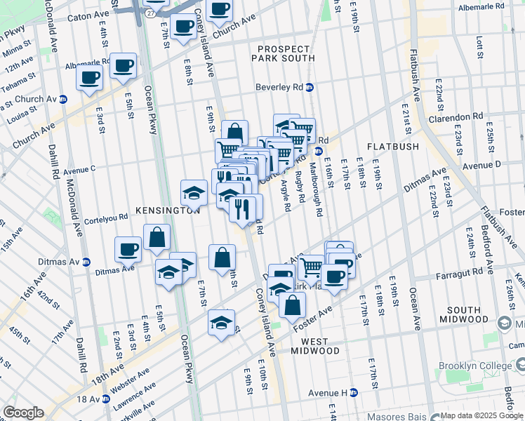 map of restaurants, bars, coffee shops, grocery stores, and more near 797 Coney Island Avenue in Brooklyn