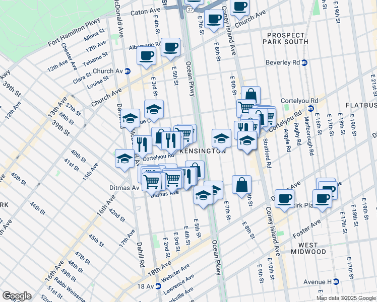 map of restaurants, bars, coffee shops, grocery stores, and more near 583 East 5th Street in Brooklyn