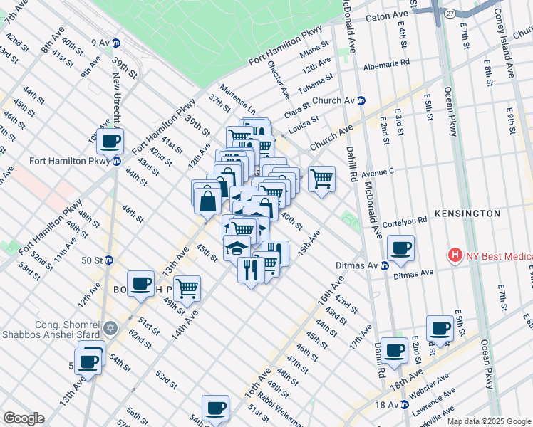 map of restaurants, bars, coffee shops, grocery stores, and more near 1373 42nd Street in Brooklyn