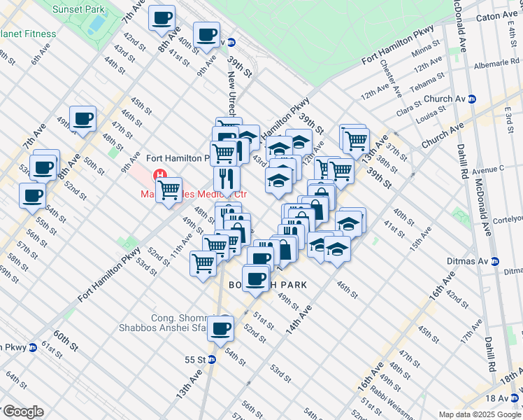 map of restaurants, bars, coffee shops, grocery stores, and more near 1213 46th Street in Brooklyn