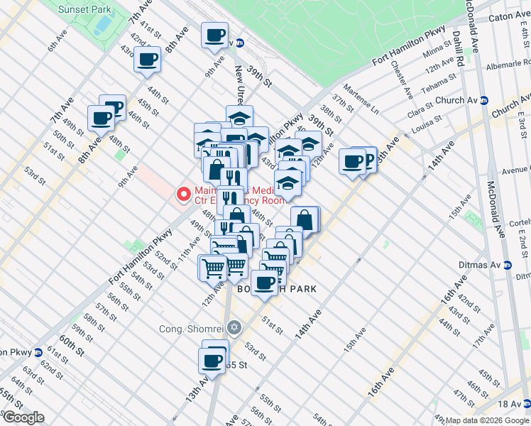 map of restaurants, bars, coffee shops, grocery stores, and more near 1167 47th Street in Brooklyn