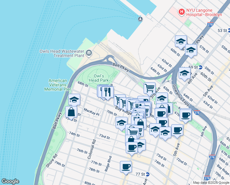 map of restaurants, bars, coffee shops, grocery stores, and more near 163 68th Street in Brooklyn