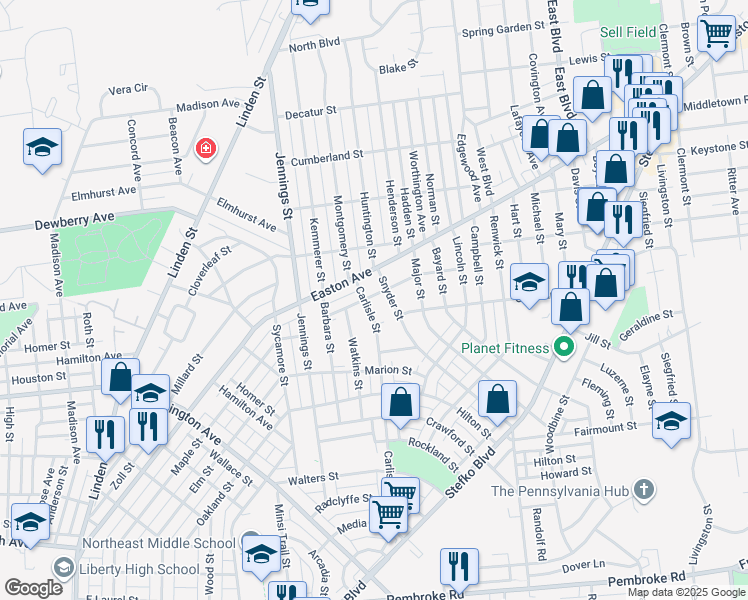 map of restaurants, bars, coffee shops, grocery stores, and more near 1843 Snyder Street in Bethlehem