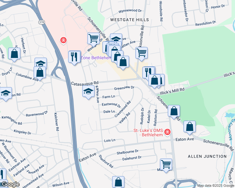 map of restaurants, bars, coffee shops, grocery stores, and more near 1521 Farm Lane in Bethlehem