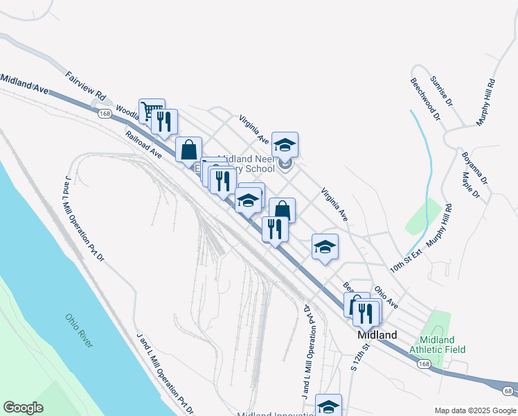 map of restaurants, bars, coffee shops, grocery stores, and more near 9 7th Street in Midland