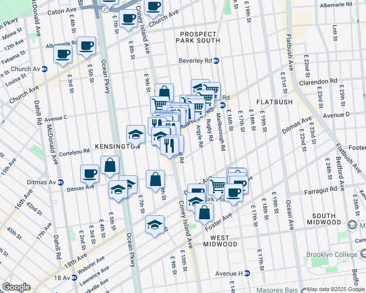 map of restaurants, bars, coffee shops, grocery stores, and more near 415 Stratford Road in Brooklyn