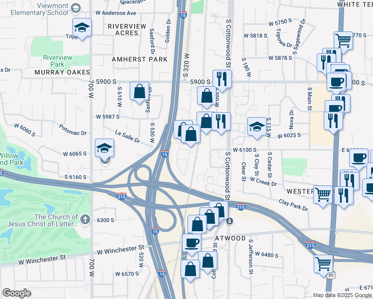 map of restaurants, bars, coffee shops, grocery stores, and more near West 6110 South in Murray