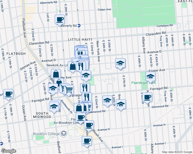 map of restaurants, bars, coffee shops, grocery stores, and more near 1406 New York Avenue in Brooklyn