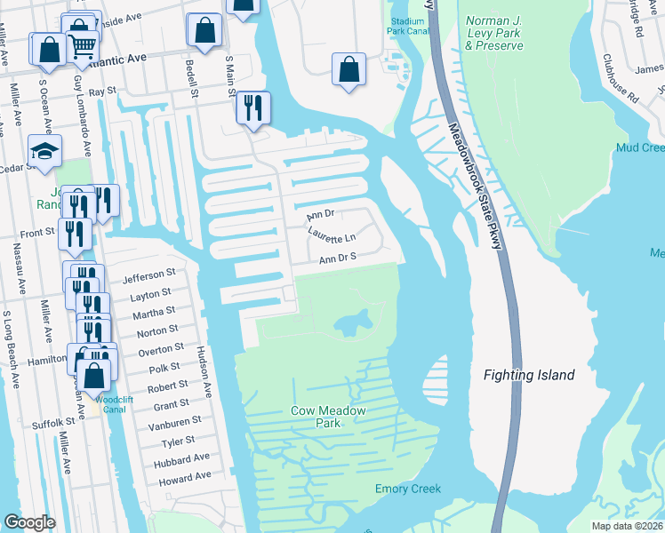 map of restaurants, bars, coffee shops, grocery stores, and more near 79 Ann Dr S in Freeport