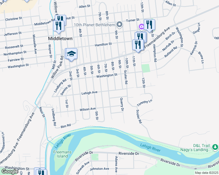 map of restaurants, bars, coffee shops, grocery stores, and more near 1612 7th Street in Bethlehem