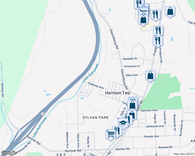 map of restaurants, bars, coffee shops, grocery stores, and more near 1502 Parkway Avenue in Natrona Heights