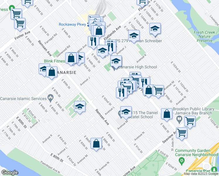 map of restaurants, bars, coffee shops, grocery stores, and more near 9316 Avenue K in Brooklyn