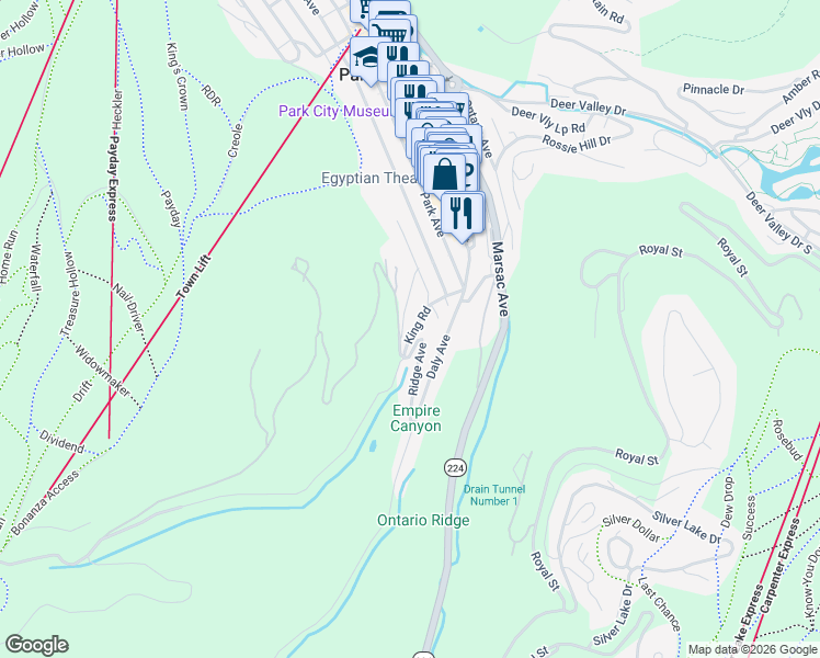map of restaurants, bars, coffee shops, grocery stores, and more near 99 King Drive in Park City