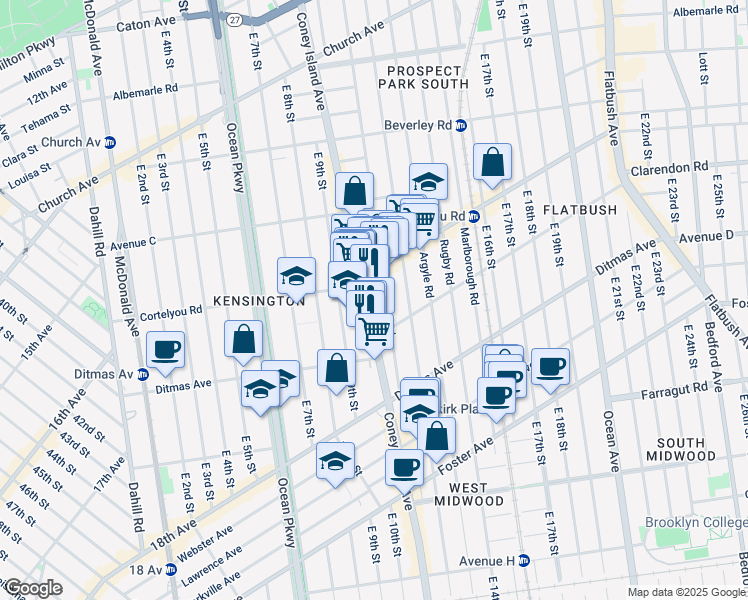 map of restaurants, bars, coffee shops, grocery stores, and more near 797 Coney Island Avenue in Brooklyn