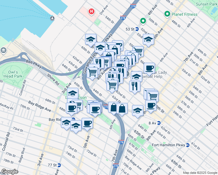 map of restaurants, bars, coffee shops, grocery stores, and more near 6209 5th Avenue in Brooklyn