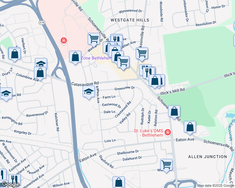 map of restaurants, bars, coffee shops, grocery stores, and more near 1521 Farm Lane in Bethlehem