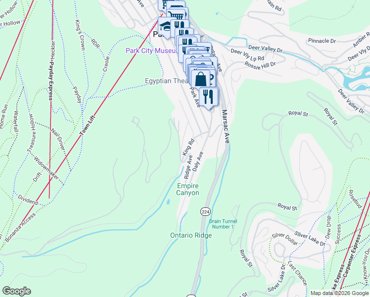 map of restaurants, bars, coffee shops, grocery stores, and more near 88 King Road in Park City