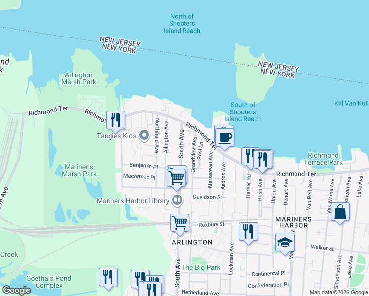 map of restaurants, bars, coffee shops, grocery stores, and more near 85 South Avenue in Staten Island