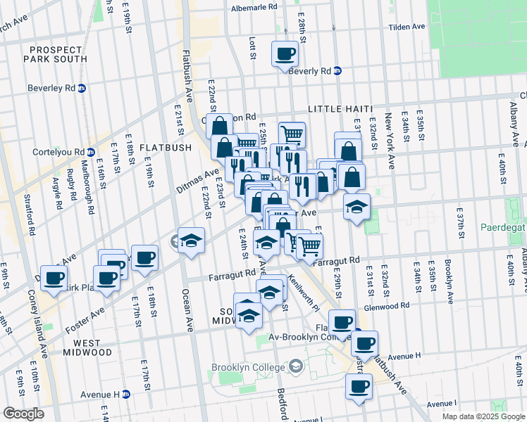 map of restaurants, bars, coffee shops, grocery stores, and more near 1351 Flatbush Avenue in Brooklyn