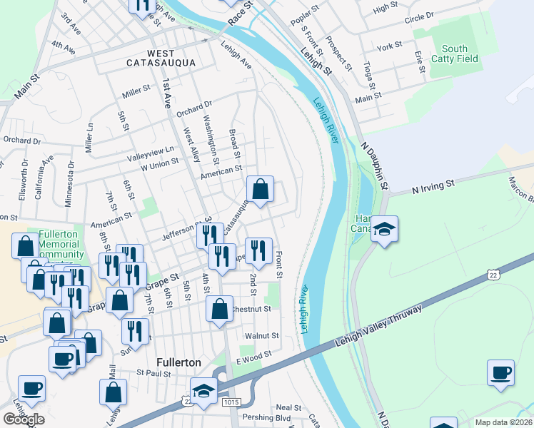 map of restaurants, bars, coffee shops, grocery stores, and more near 106 Franklin Street in Fullerton