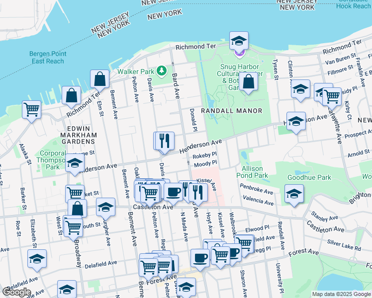map of restaurants, bars, coffee shops, grocery stores, and more near Bard Ave & Henderson Ave in Staten Island