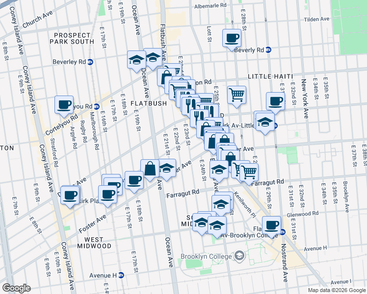 map of restaurants, bars, coffee shops, grocery stores, and more near 490 East 23rd Street in Brooklyn