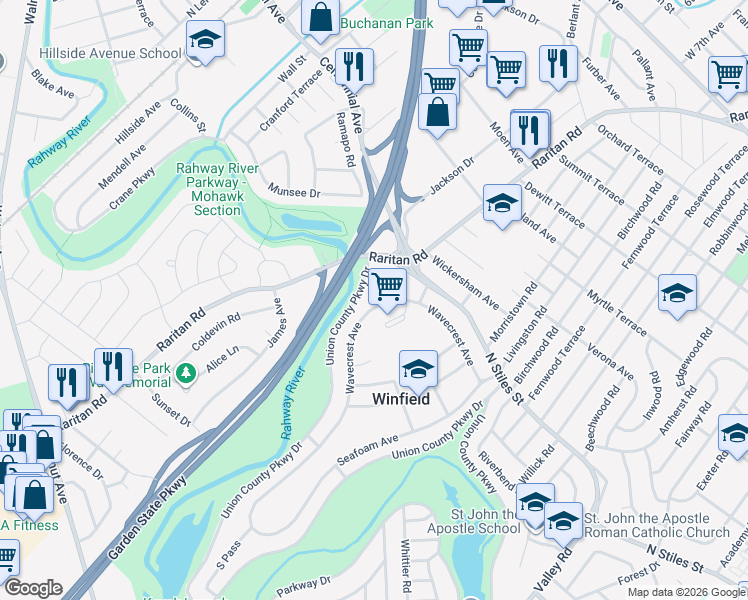 map of restaurants, bars, coffee shops, grocery stores, and more near 42B Wavecrest Avenue in Winfield