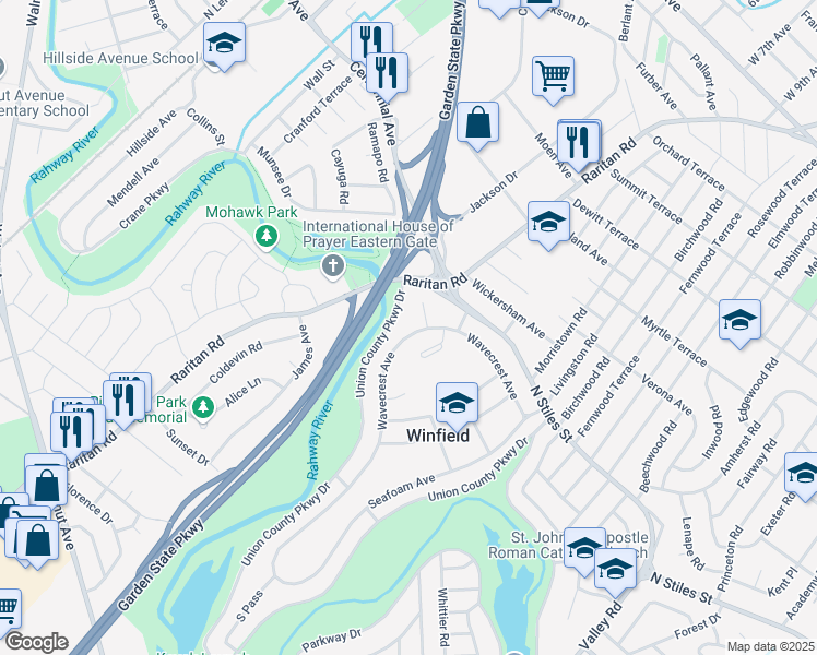 map of restaurants, bars, coffee shops, grocery stores, and more near 42B Wavecrest Avenue in Winfield