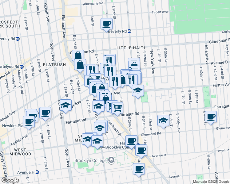 map of restaurants, bars, coffee shops, grocery stores, and more near 1302 Rogers Avenue in Brooklyn