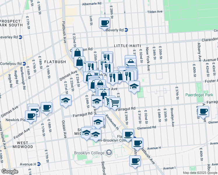 map of restaurants, bars, coffee shops, grocery stores, and more near 1302 Rogers Avenue in Brooklyn
