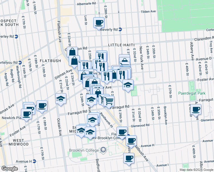 map of restaurants, bars, coffee shops, grocery stores, and more near 1302 Rogers Avenue in Brooklyn
