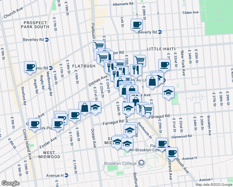 map of restaurants, bars, coffee shops, grocery stores, and more near 2337 Foster Avenue in Brooklyn