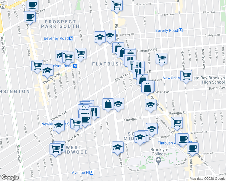 map of restaurants, bars, coffee shops, grocery stores, and more near 1000 Ocean Avenue in Brooklyn