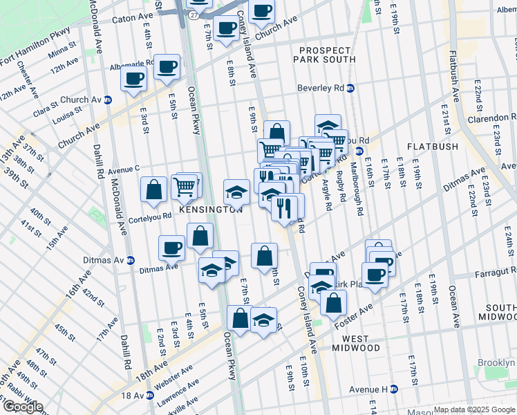 map of restaurants, bars, coffee shops, grocery stores, and more near 425 East 9th Street in Brooklyn